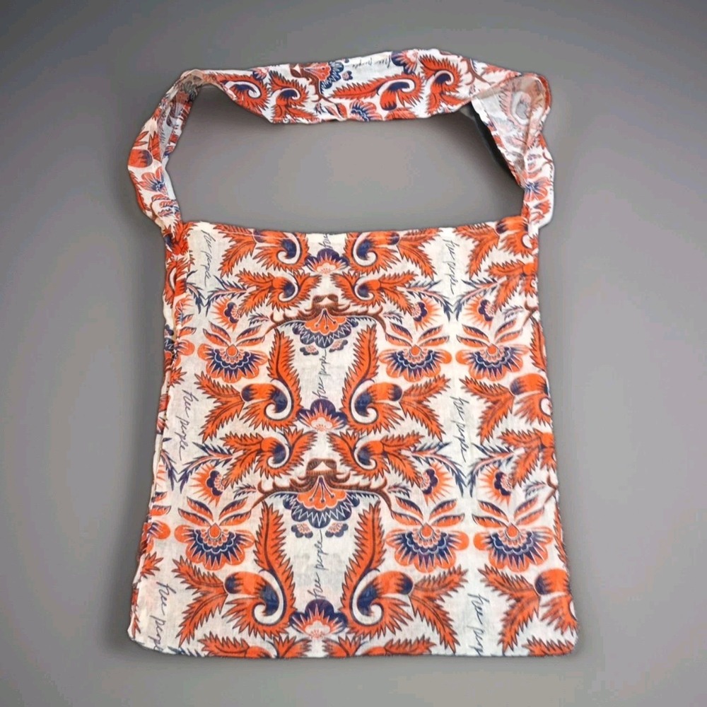 Free People 15x12" Semi Sheer Thin Linen Tote Orange Cloth Bag Floral Print Boho